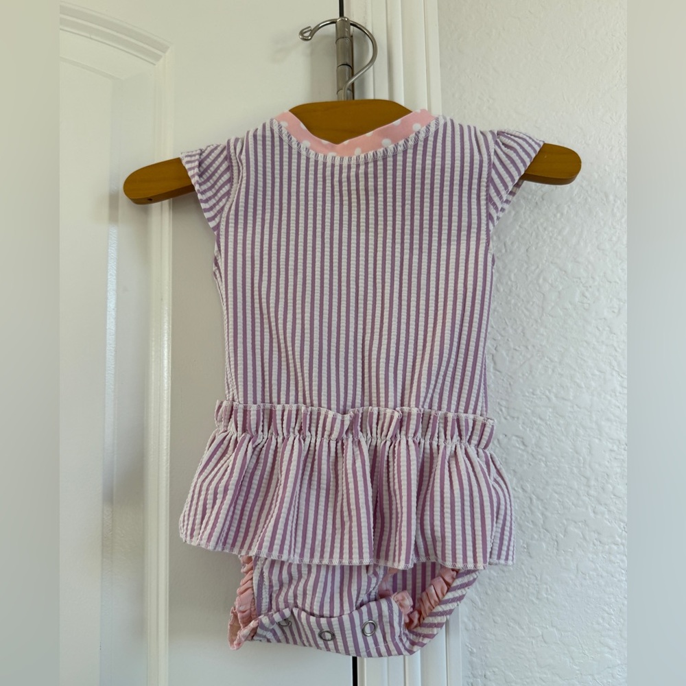 Ruffle Butts Purple and White Striped swimsuit 3-6 months